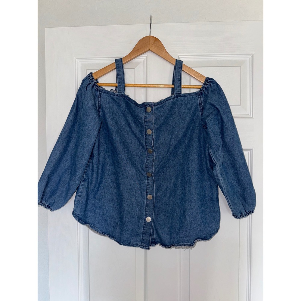 Western SHEIN M Wash Denim Cold Shoulder Button Down Coquette Feminine Cottage